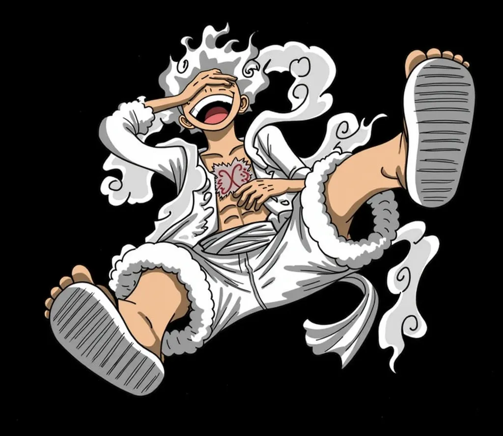 Monkey D luffy with wild, wavy white hair, dressed in a loose-fitting white outfit with fluffy trim. The character is laughing joyfully, covering one eye with a hand while showing a wide, open-mouthed grin. The pose is dynamic, with one leg stretched out t...