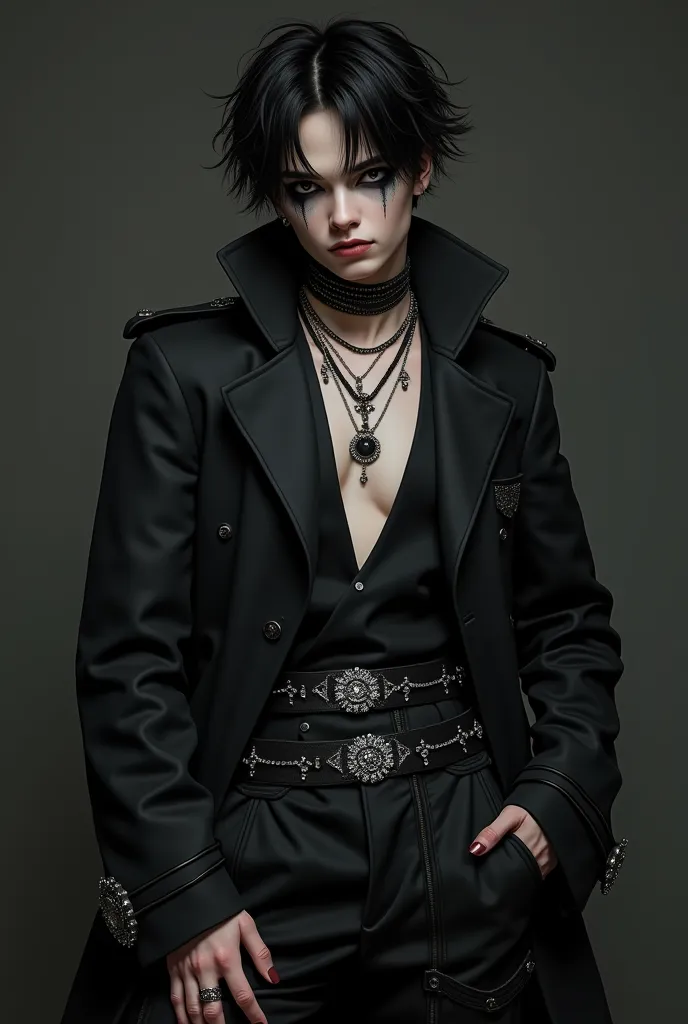 Generate an image of a emo goth boy wearing overall tuxedo with rhinestone belts a choker and rings and necklace. The tuxedo this is unbutton with black turtle neck inside tucked in