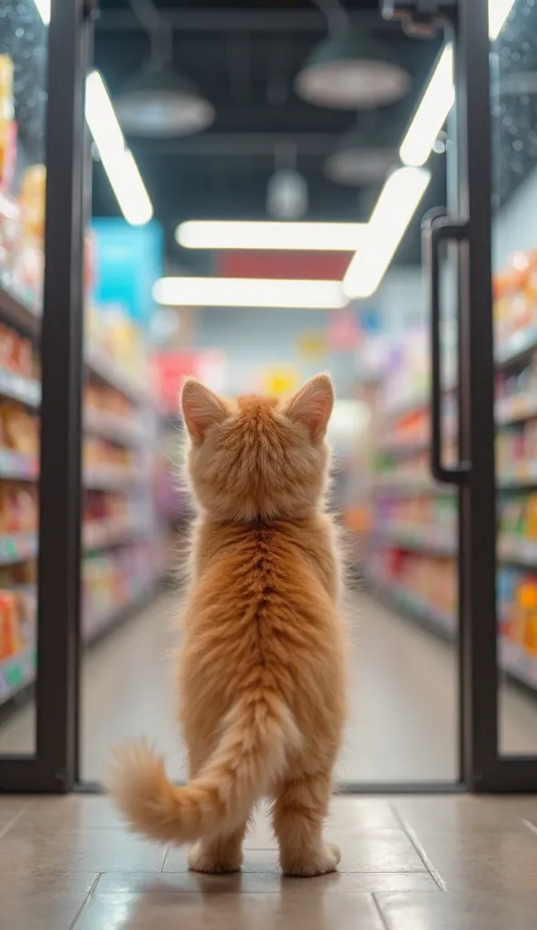 A cute fluffy orange baby cat standing in front of a modern supermarket entrance, facing the glass doors directly with wide sparkling eyes full of excitement. The transparent glass reflects the cat’s image faintly. The automatic doors are sliding open, rev...