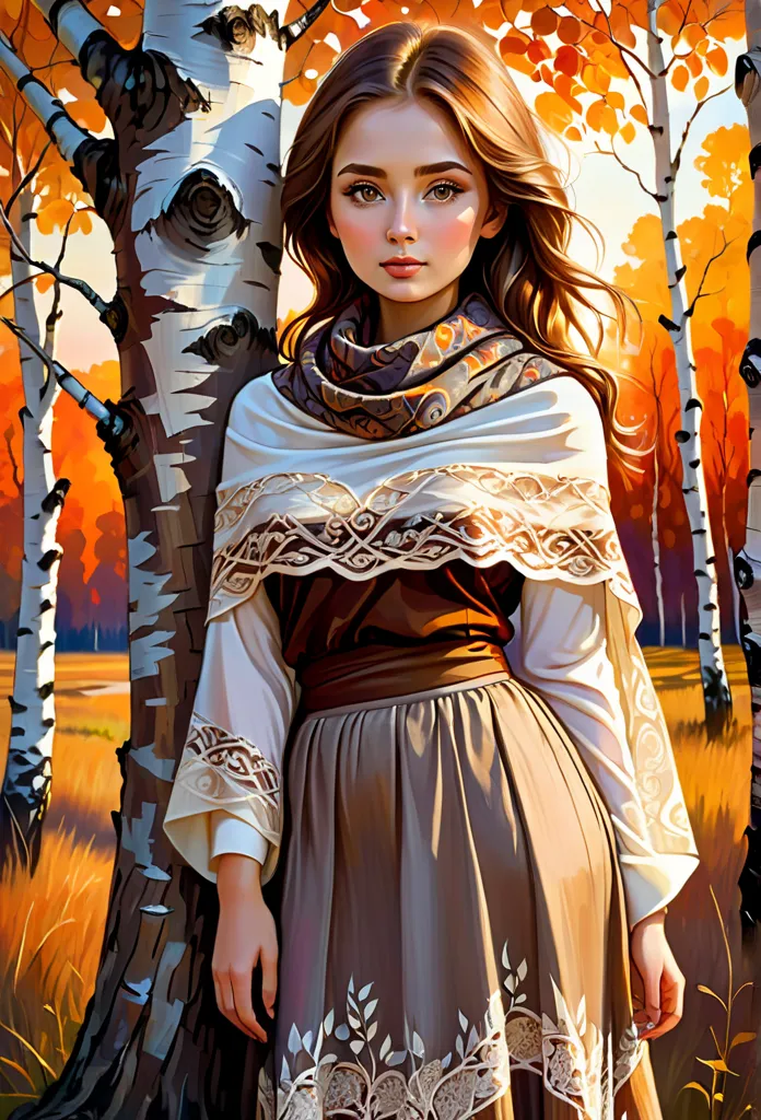  young Russian girl  ,   fiery sunset in the background   , complicated details,    old canvas   , "   girl by the White Birch   " ( 〜 〜 in the style of 〜 〜 ,  wearing a top and maxi skirt 、 Leaning against a birch tree trunk 。 ),   Beautiful brown-haired ...