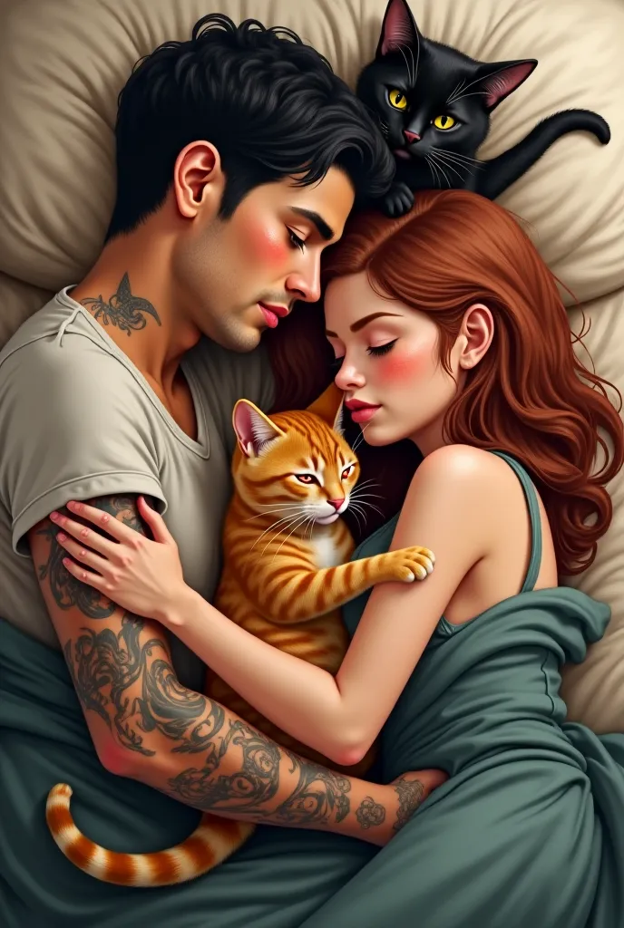 Zade Meadows (a guy tall and kind of buff guy with black hair, lots of tattoos and a scar over his left eye) and Adeline Reilly (a girl with cinnanon brown hair and freckles) from the cat and mouse duet by H.D. Carlton cuddling on the bed with three cats. ...