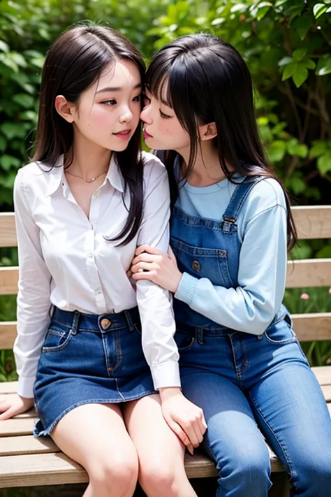 two japanese schoolgirls. They are very close friends. Here they are sitting on a bench, dressed in pale coloured tops and blue jeans, kissing each other