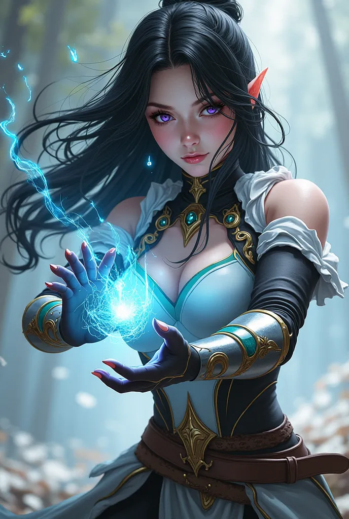 A white female mage with soft features and black hair . Her eyes are violet. She is wearing light armor and has a fit athletic build.  Power is enveloping around her hands . Her attire isn’t revealing and has black white green and gold color accents.  She ...