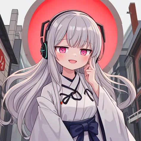 Top Quality, very delicate ,pretty girl, long hair caught in a hole, smile, BREAK 紺色の髪,  pink eyes, Highlight Off, BREAK: White Shrine Maiden Outfit, Silver headphones, BREAK black ribbon, bust up, Around town,  Turn Here, One person