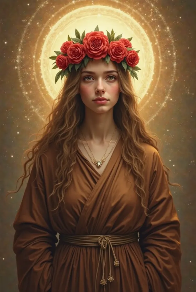 Saint Rosalia young hermit woman, with long light brown hair, She has a crown of red roses on her head. She wears a long brown tunic with a string around her hips, with a halo, behind her a glorious light, In Glory in Heaven. realistic