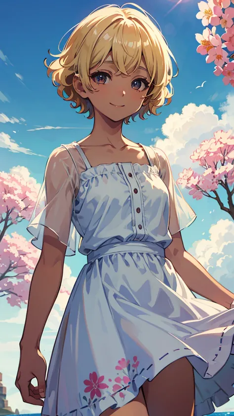 anime, blue sky、 everyday wear、Beautiful young brother with blond belly and short curly hair like a woman with a short hairstyle、dark brown skin、smile、dark brown big eyes、white dress with a floral pattern、Don&#39;t show your breasts、park full of flowers、bu...