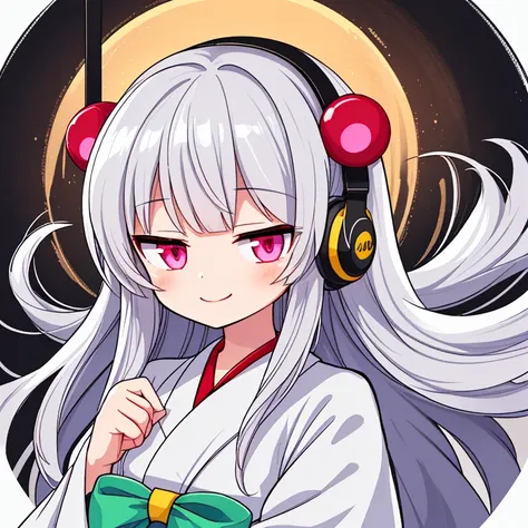 Top Quality, very delicate ,pretty girl, long hair caught in a hole, smile, BREAK 紺色の髪,  pink eyes, Highlight Off, BREAK: White Shrine Maiden Outfit, Silver headphones, BREAK black ribbon, bust up,  Turn Here, One person