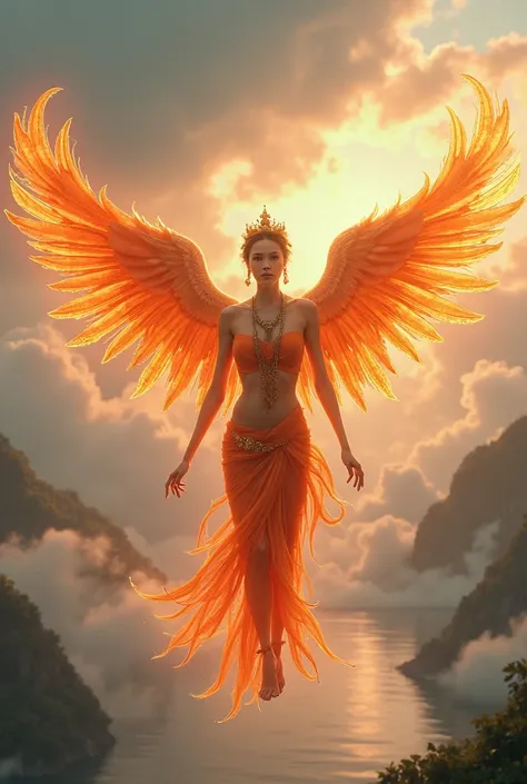 Digital art, Fantasy, Inspired by the Thai modern art, Happy-Flying lighting Phoenix-Woman, Naughty and cheerful, She is Miss Bueasty Queens Asia, in orange Thai See-through costume, Sexy and Elegant in Ancient Thai See-through costume in orange, Thai Jewe...