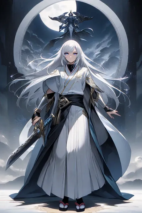 "A highly detailed fantasy illustration of Kizuna Rei, a 130-year-old High Elf swordsman standing at 232 cm tall with a lean yet powerful build (78 kg). He has long silver-white hair neatly styled at neck-length and piercing violet eyes that radiate calm d...