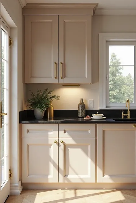 Beige shaker style kitchen cabinets, gold hardware, black and gold countertop