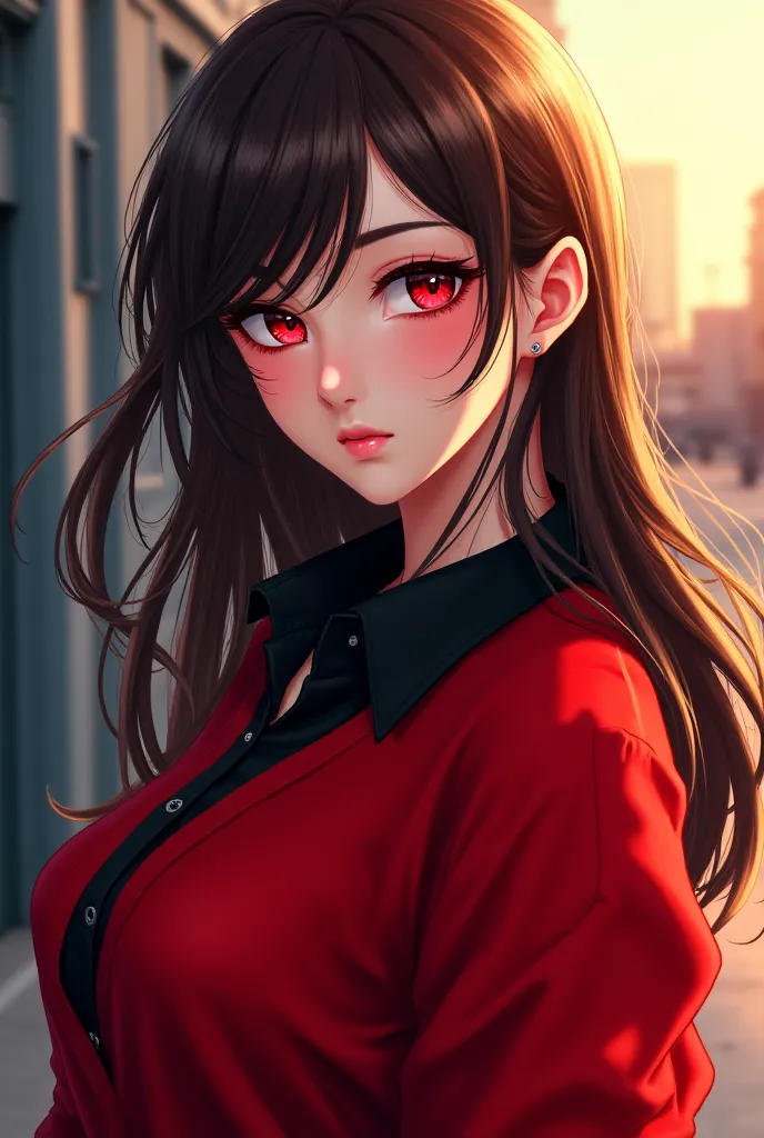 Généré moi une fille  de manga de 25 ans ultra belle et ultra sexy dehors avec des cheveux brun ondulées et longs, l'iris des yeux rouge avec un t-shirt noir et un pul rouge