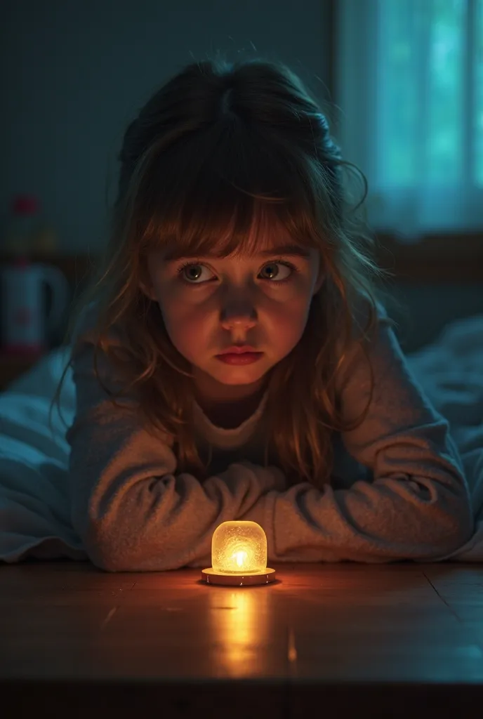 "A age girl sitting in her dimly lit bedroom, looking at a small glowing microchip on her wooden desk. Her expression is a mix of shock and curiosity, as if she just returned from an incredible journey."