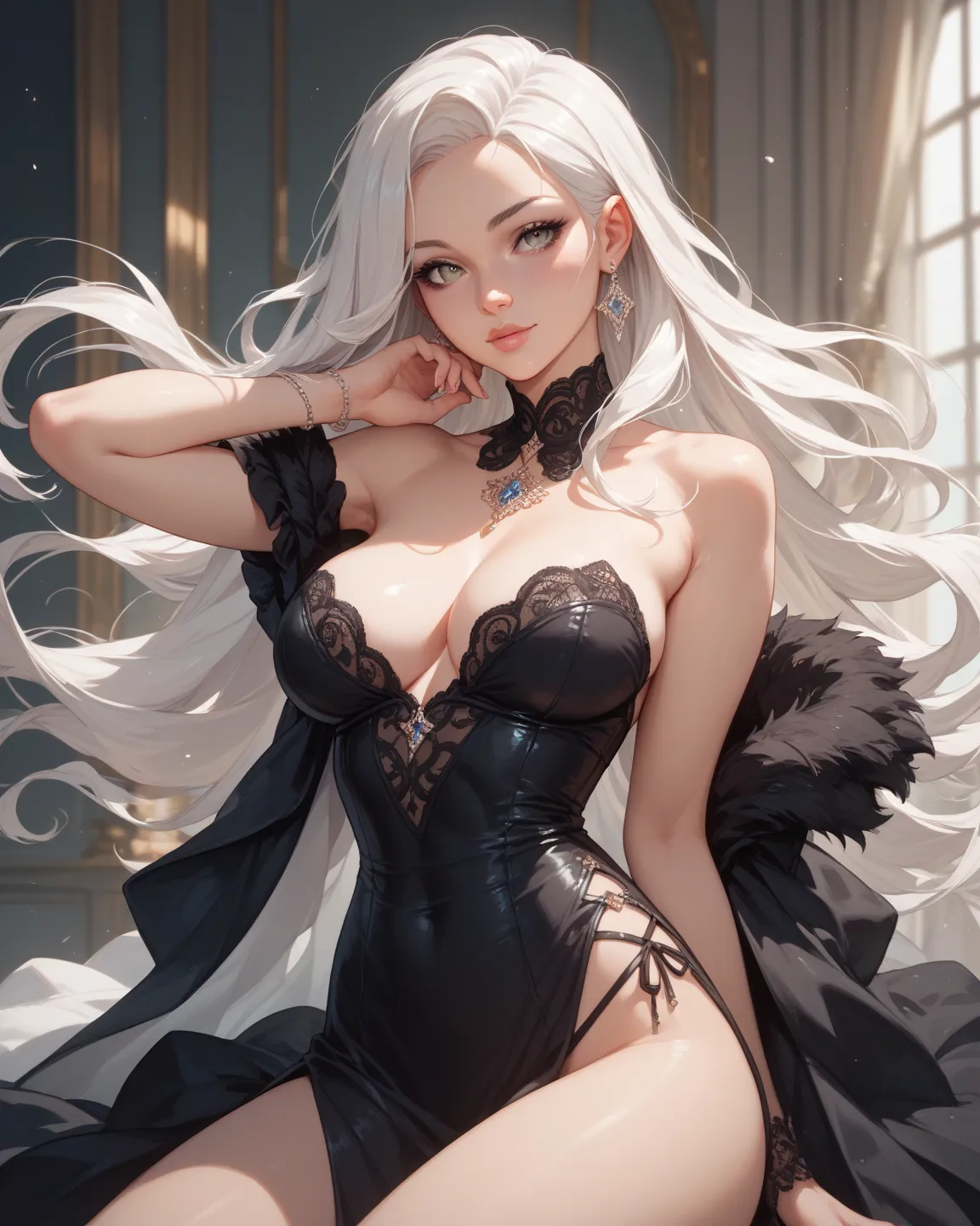 Beautiful woman with long and straight white hair,  She has a black dress that highlights her figure, She has beautiful gray eyes she has a big breast 