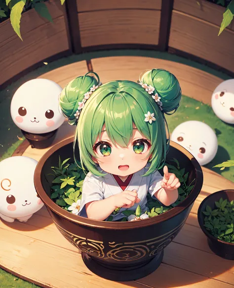 Dark green hair bun、Metal Band、Ultra HD、super high quality、Luxury garden background、((looking at the camera))、Green bun hair、Smiling face、(((Cheerful-looking two-headed Chibi Character)))、(((Chibi Character with personified silver-haired Azuki)))、(((Green ...