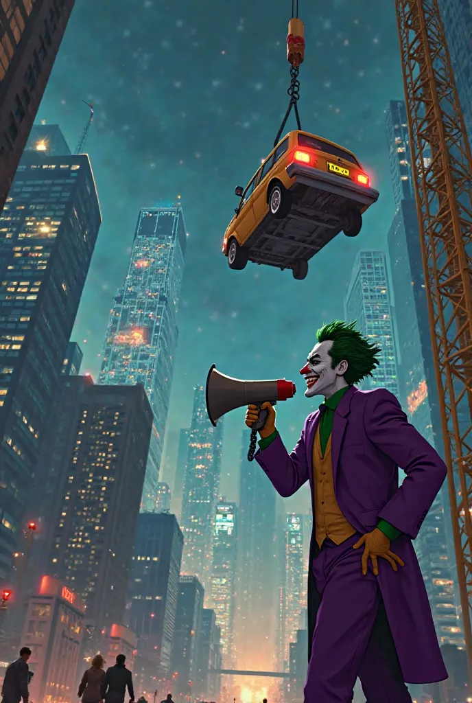  Scene 5 : The Joker laughs below and talks into a megaphone.

Script : Wide angle animation scene. Joker, near a large crane platform, standing in the middle of the city. He has a megaphone in one hand, , other hand on her waist , laughs looking at the ta...