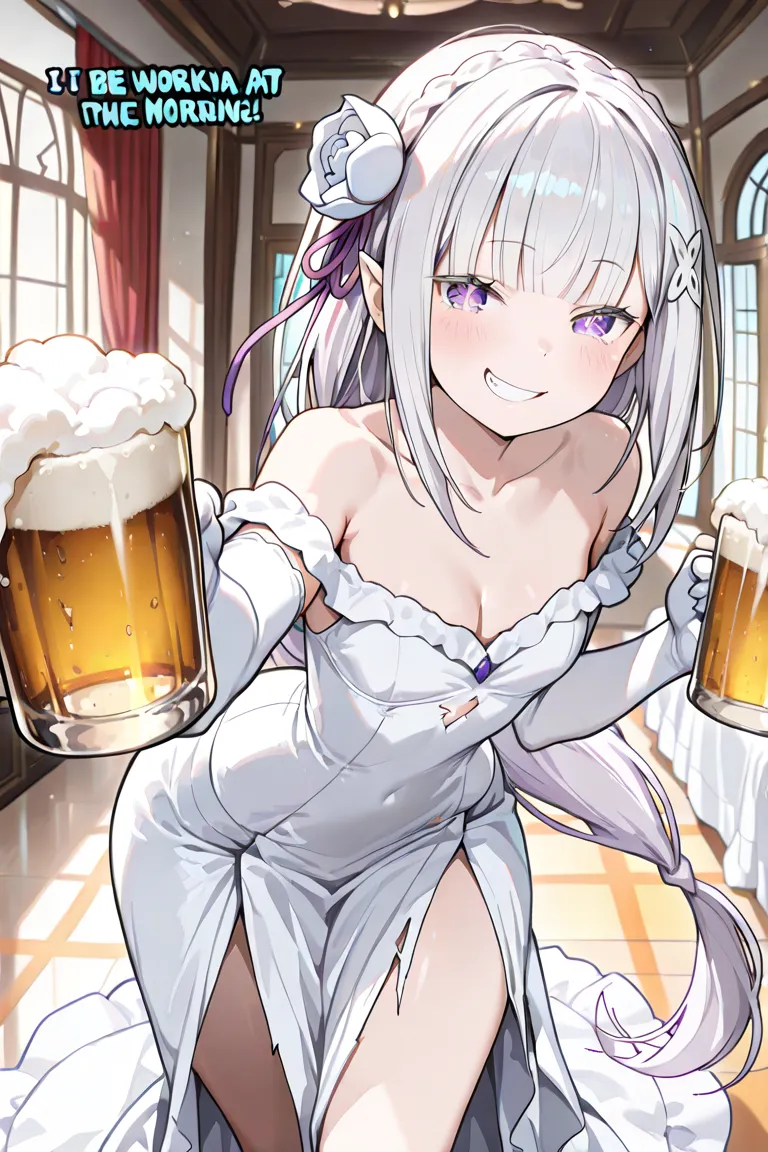  (masterpiece:1.2), (best quality:1.2), newest, intricate details, perfect anatomy,  1girl :1.2, (Emilia (re:Zero):1.2), ((plain white wedding dress:1.1, long dress:1.2, off-shoulder dress:1.5, sleeveless:1.3, front slit:1.3, torn dress skirt:1.4, white el...