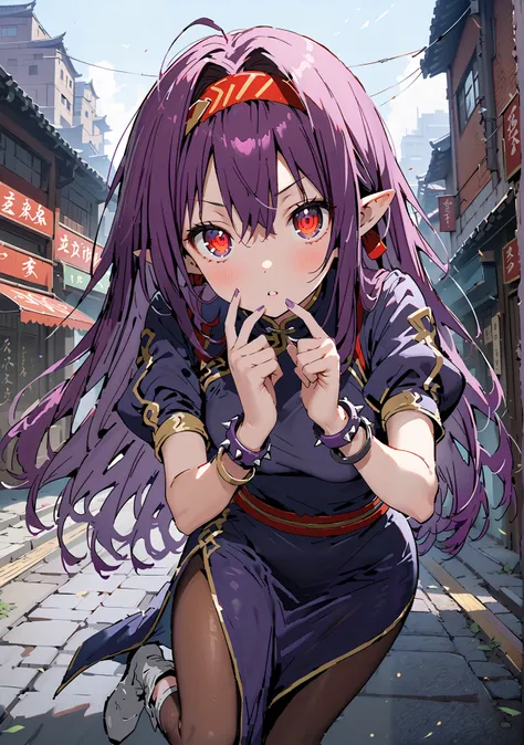 score_9, score_8_up, score_7_up,  source_anime,
 yuukiKonno, Konno Yuuki, red hair band, long hair, pointed ears, purple hair, red eyes, double chauban ,serious,close your mouth,chunlicosplay, Chunli \(cosplay\), blue  dress, boots, bracelet, brown pantyho...