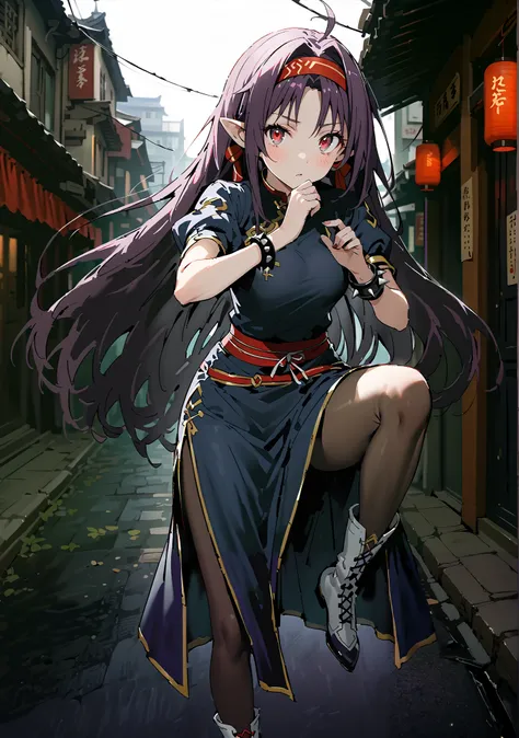 score_9, score_8_up, score_7_up,  source_anime,
 yuukiKonno, Konno Yuuki, red hair band, long hair, pointed ears, purple hair, red eyes, double chauban ,serious,close your mouth,chunlicosplay, Chunli \(cosplay\), blue  dress, boots, bracelet, brown pantyho...