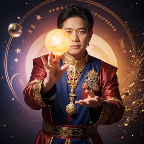 Seller is 40 years old,holds a crystal ball with both hands,  horoscopes , Cast magic , Cast magic ทรงพลัง, casting defensive spells, Perform magic knocks, Spell  wizard, Spell ,Thai people,THE CARD WIZARD,man,Fat person