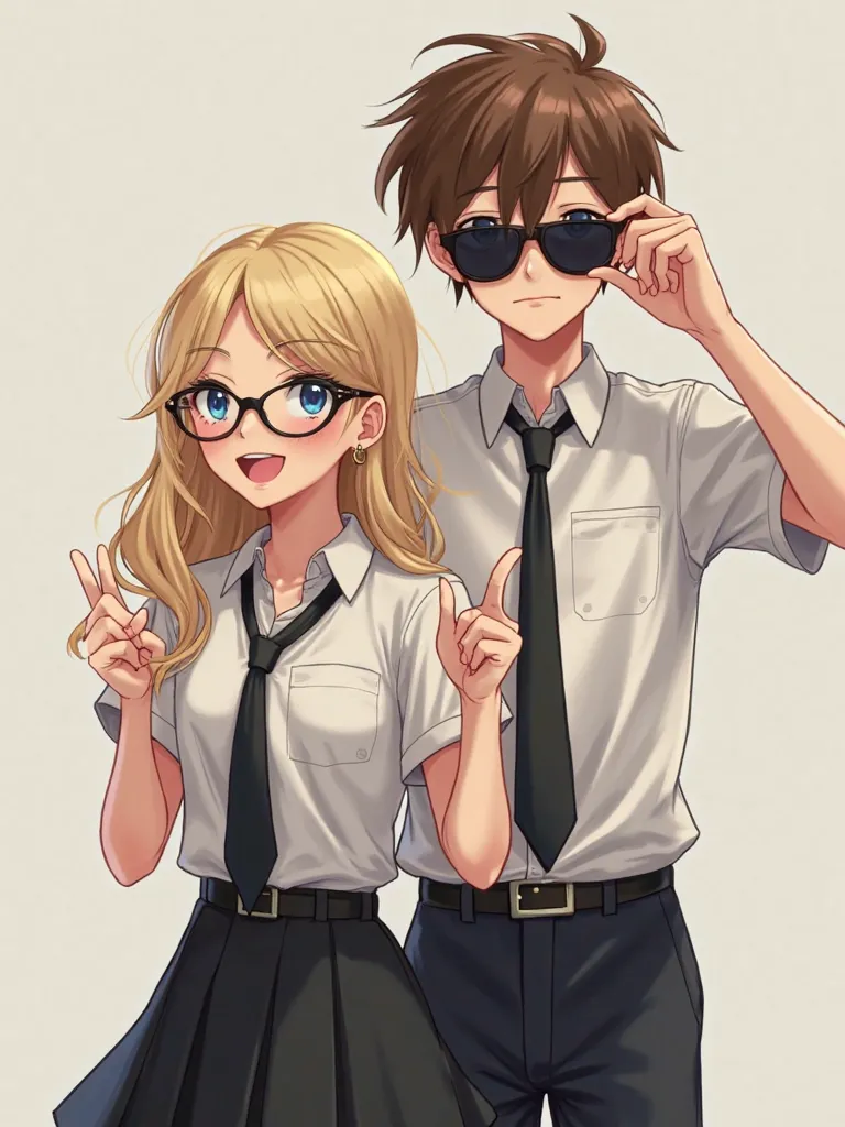 A girl and a boy wear one and take a ralistic photo.


The girl has blond hair and glasses.  is wearing a white , short shirt with black tie and black skirt.
 the boy has brown hair .  is wearing a white , short shirt with black tie and black pants.