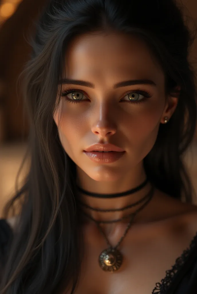  realistic,  realistic photo ,  Beautiful high-ranking  seductive witch in a fantasy world, photorealistic , A beautiful white woman close up symmetrical portrait, attractive, eyes open in pleasure, seductive