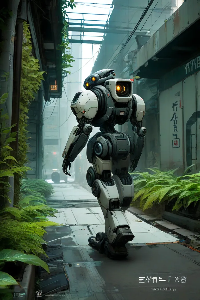 patrol robot walking in the back alley of a group of leafy skyscrapers。The robot can check the whole body、growing up。There is no head。There is no neck 。No nose or mouth。1 camera eye。Two hands。Two legs。cable is visible from the joint。The color of the robot ...