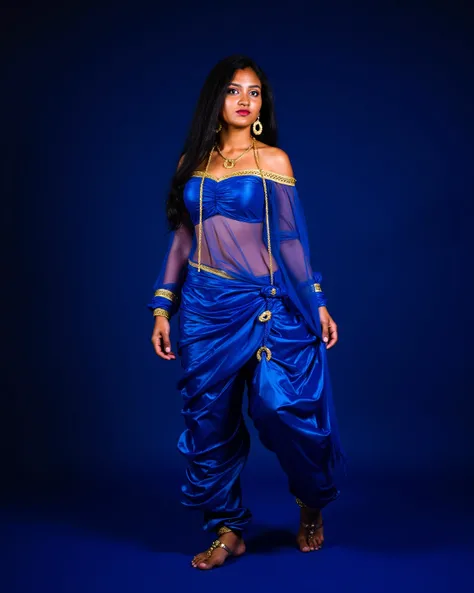 Bathed in deep sapphire-blue neon glow, a voluptuous Tamil beauty stands poised, adorned in an ultra-sheer, high-gloss blue nylon harem pant ensemble, its sensuous translucence broken by three gilded sari hoops, perfectly spaced every 20cm, encircling her ...