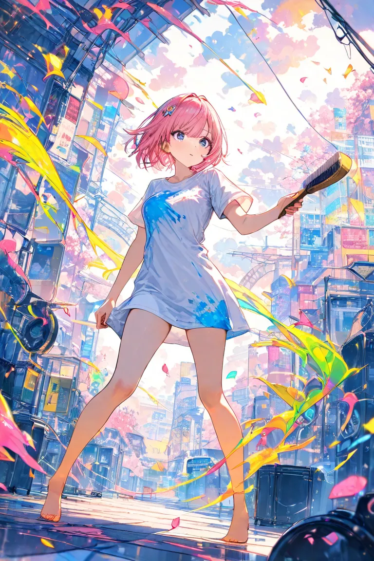 masterpiece,Top Quality,Super Detail,8k,girl with full body brush pink hair short hair　white shirt dress colorful barefoot paint campus art