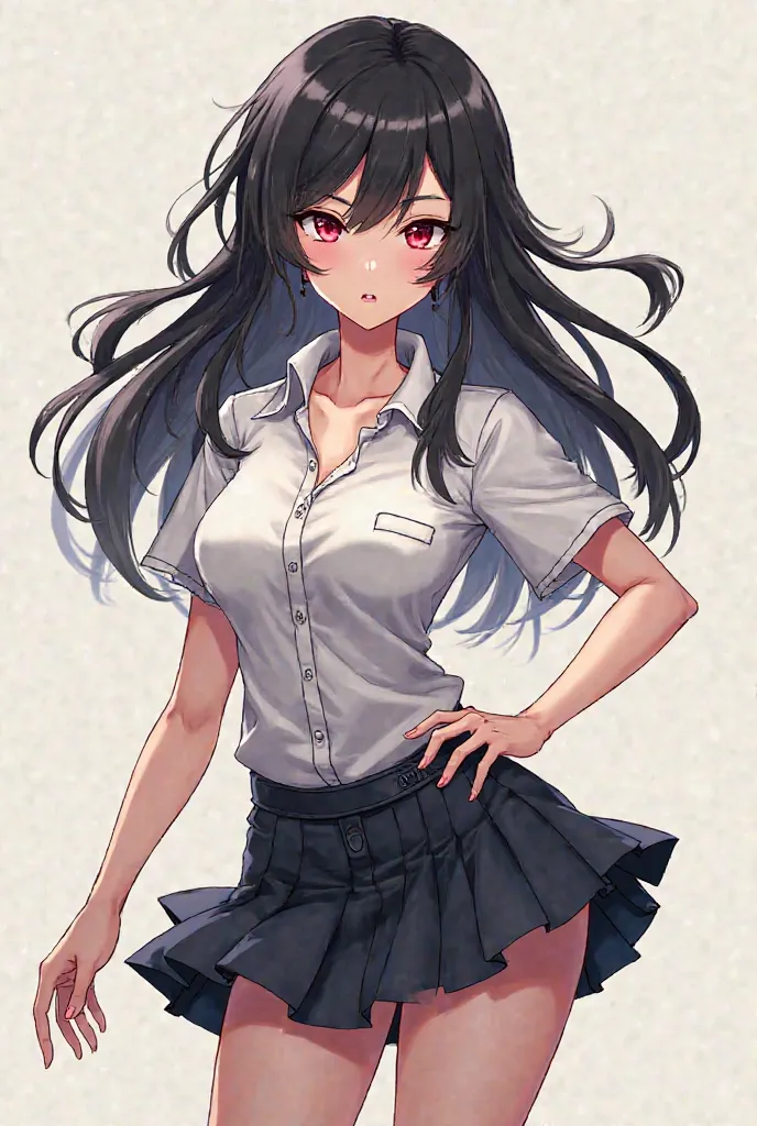 tomboy girl with black hair and dark red eyes wearing a white shirt with a short skirt