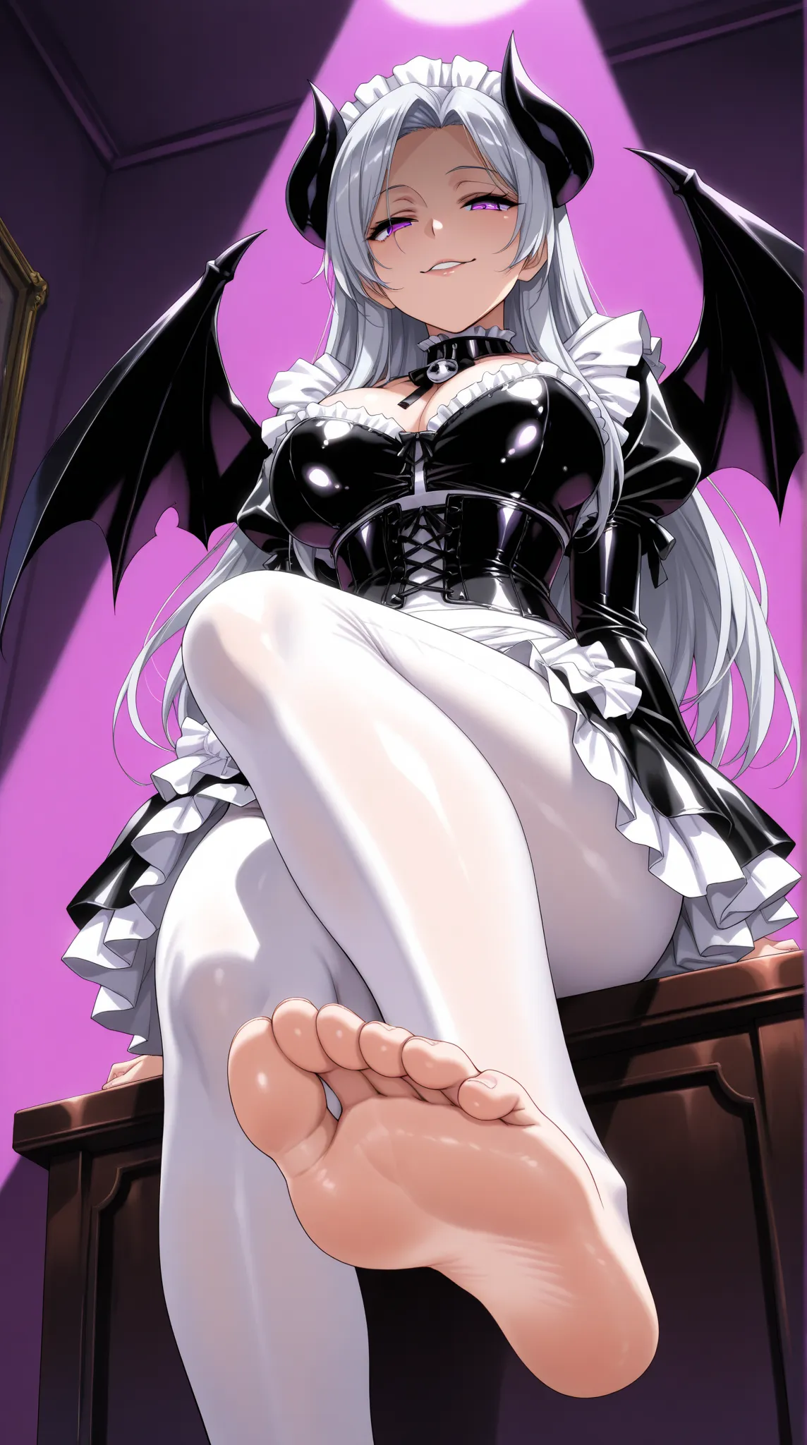 1 mature, beautiful and seductive succubus woman, solo, (incredible high resolution, masterpiece, highest quality, highly detailed, CG, high quality anime drawing), (black and white gothic latex maid outfit, maid skirt, corset, white tights), (silver hair,...