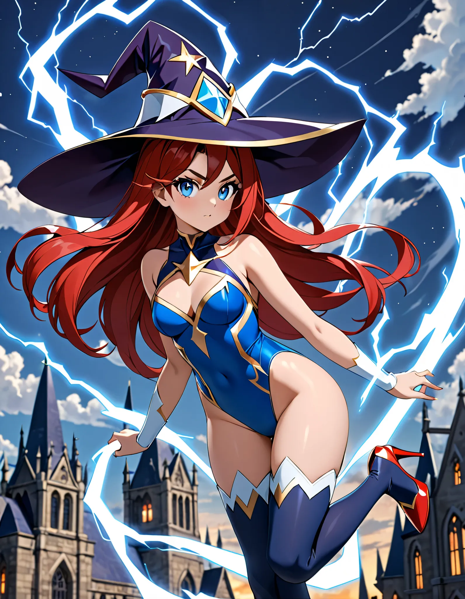 masterpiece, best quality, high res, 8k, 1girl, superhero, holding wand, witch academia, superhero sorceress witch, glamorous angewoman digimon, sky witch, by Aguri Uchida, maya ali as a lightning mage, (leotard, blue leotard with white accents, bare legs)...