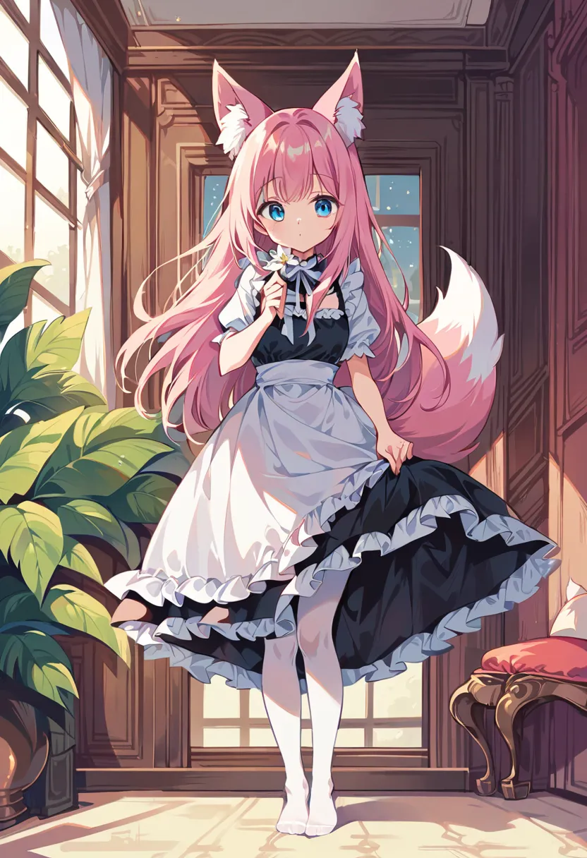 cute girl,pink hair,blue eyes,fox ear,the maid outfit,white pantyhose,bow,white ribbons,indoor,long hair,no shoes,wide shot,fox tail, The hand is extended forward, holding a flower closer to the camera. Fingers gently grasp the stem, with the palm slightly...