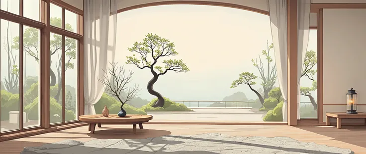 illustration in soft colors predominating , minimalism of a Japanese style living room with window to see the minimalist Japanese garden with bonsai trees, the stage evokes energy and elegance