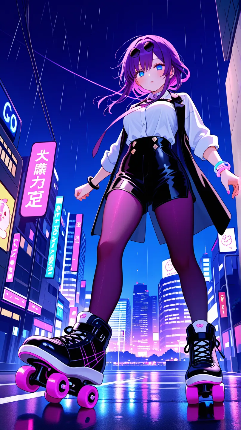 (1 girl), masterpiece, photorealistic, 8k, (realistic: 1.2), viewers, pantyhose, purple hair, ( Kafka: 1.2), Draw a neon trail when she glides, glide down the road with neon roller skates, Transform into a suit heroine with a transformation bracelet while ...