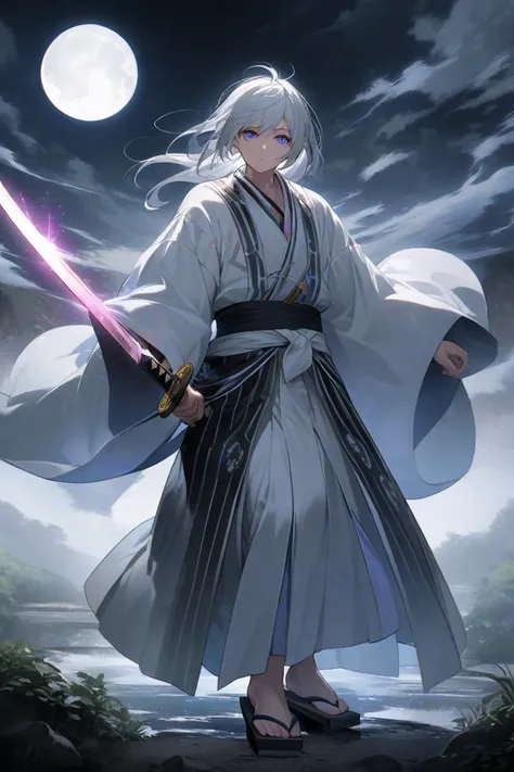 
"A highly detailed fantasy illustration of Kizuna Rei, a 130-year-old male High Elf swordsman standing at 232 cm tall with a lean yet powerful build (78 kg). He has silver-white hair styled neatly at neck-length and piercing violet eyes that radiate calm ...