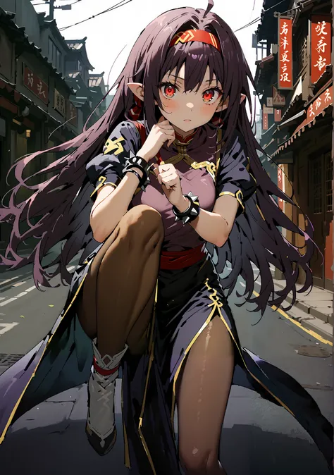 score_9, score_8_up, score_7_up,  source_anime,
 yuukiKonno, Konno Yuuki, red hair band, long hair, pointed ears, purple hair, red eyes, double chauban ,serious,close your mouth,chunlicosplay, Chunli \(cosplay\), blue  dress, boots, bracelet, brown pantyho...