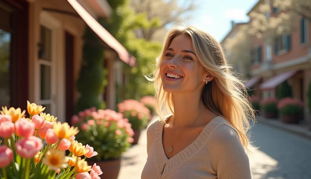 Create an image of a spring woman in her 40s with flowers on the street, create in the style of photorealism.