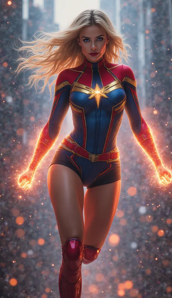 Amidst the backdrop of a cosmic battlefield, a breathtakingly powerful figure floats effortlessly—a fusion of Spider-Man and Captain Marvel. Her tight, red-and-blue battle suit clings to her athletic, curvaceous body, enhancing her toned abs and sculpted a...