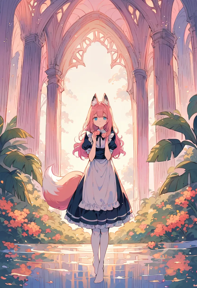 cute girl,pink hair,blue eyes,fox ear,the maid outfit,white pantyhose,bow,white ribbons,long hair,no shoes,wide shot,fox tail, The hand is extended forward, holding a flower closer to the camera. Fingers gently grasp the stem, with the palm slightly turned...