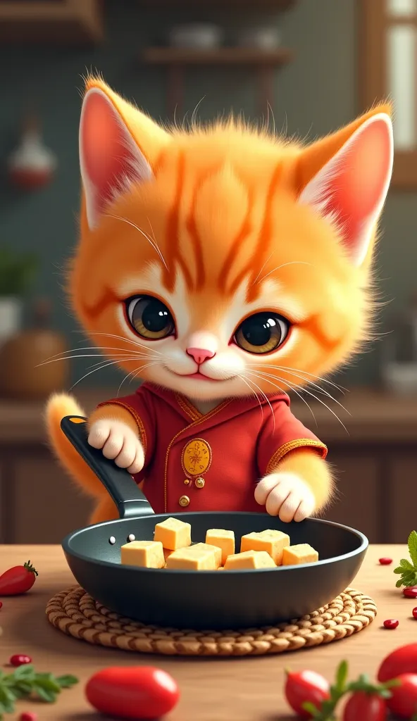 kitten (kitten cat orange, cute, dressed baju koko) frying tofu using a frying pan