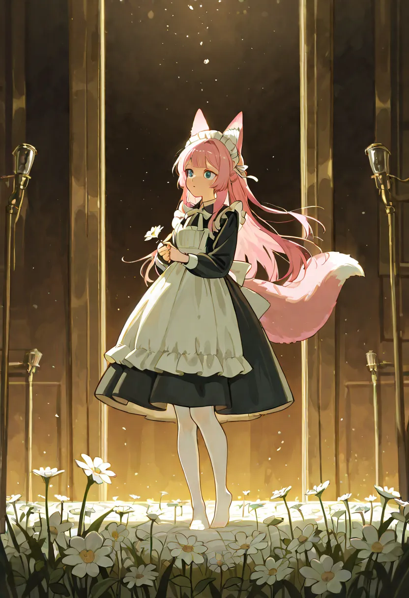 cute girl,pink hair,blue eyes,fox ear,the maid outfit,white pantyhose,bow,white ribbons,long hair,no shoes,wide shot,fox tail, The hand is extended forward, holding a flower closer to the camera. Fingers gently grasp the stem, with the palm slightly turned...