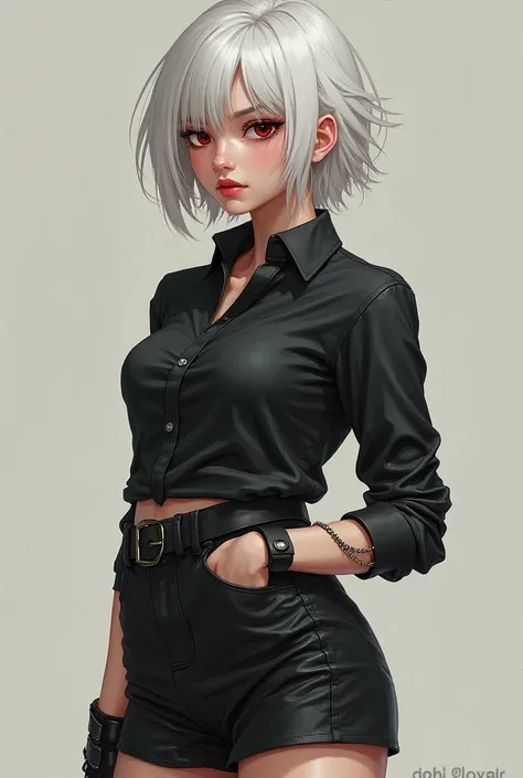 tomboy girl with short white hair and dark red eyes wearing a black shirt and short black skirt