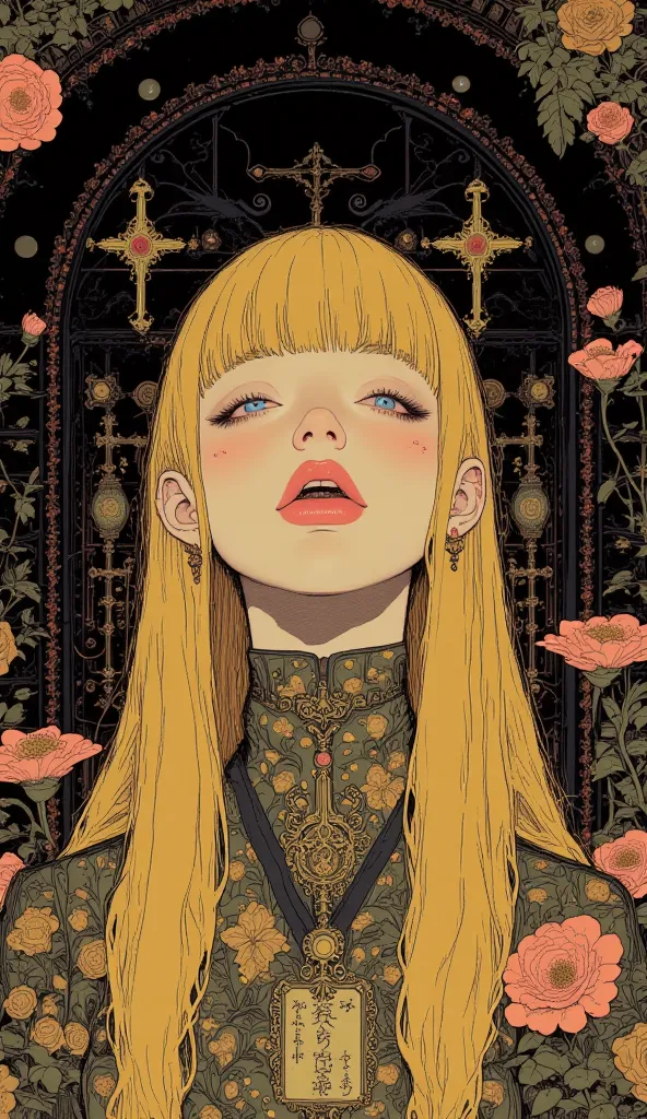 
real、illustration for both eyesレーター、anime、1 girl、
long hair and short hair detailed lips in random colors、 kimono、custom、black and gold gradient background、Neon Hair、texture cropping、masterpiece、style:Retro Classic、illustration for both eyes、art、70s horro...