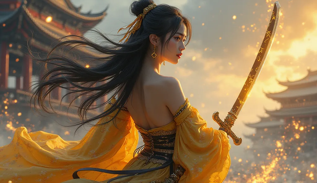 (((Topless photos of beautiful woman))) , Woman, most beautiful, Sweet, full body ,large breasts, young, black hair, Demon slayer pose, holding a black and gold glowing katana great sword, elegant posture, wearing women's earrings, with long black hair and...