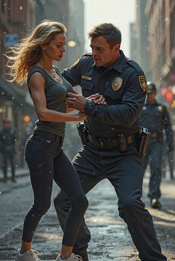 A cop force a Gwen Stacy with white sneakers to get in the police car 