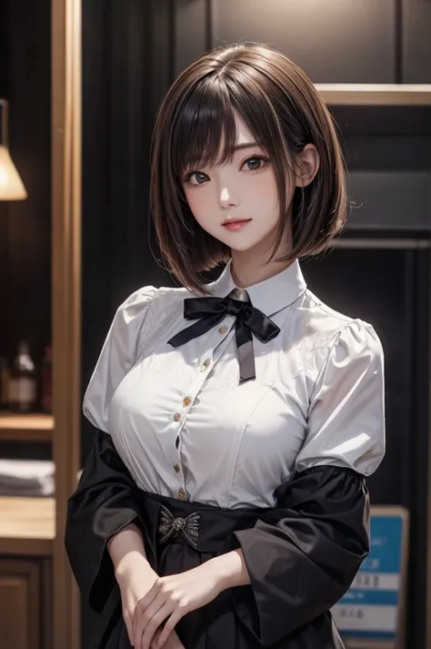 (masterpiece, high quality:1.2), 1girl, straight bob hair, cowboy shot, very detailed, radiant skin glow, natural face lighting, beautiful breasts, wearing a puff-sleeved blouse with ribbon accents