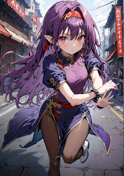 score_9, score_8_up, score_7_up,  source_anime,
 yuukiKonno, Konno Yuuki, red hair band, long hair, pointed ears, purple hair, red eyes, double chauban ,serious,close your mouth,chunlicosplay, Chunli \(cosplay\), blue  dress, boots, bracelet, brown pantyho...