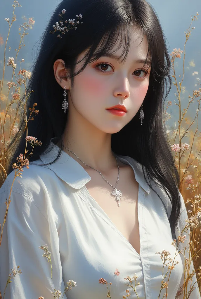 masterpiece, best quality, (dark photo:1.3), photorealistic, 1girl, stunning innocent symmetry face, white shirt, emotional, big breasts, (PureErosFace_V1:0.7), Summer grass, brilliant backlight, looking at me, straight black hair, Korean girl, beautiful g...