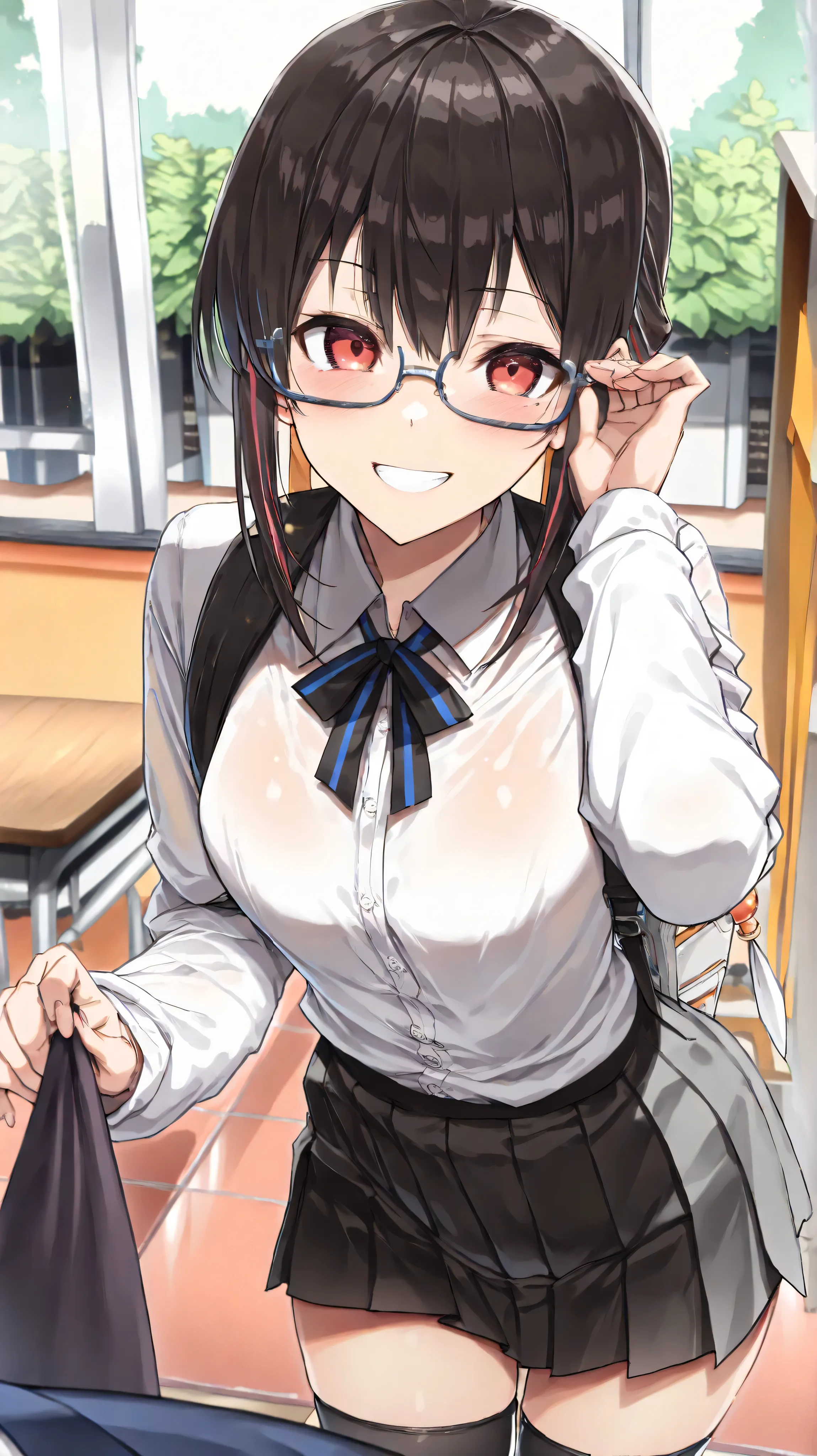 score_9, score_8_up   , score_7_up   , score_9,((highest quality)), ((傑highest quality、 masterpiece、High sensitivity、Hi-res、 Detailed description 、depicts a delicate face)) slim woman 、 glasses、 thin eyebrows 、with a cute smile、 happy expression 、 High Sch...