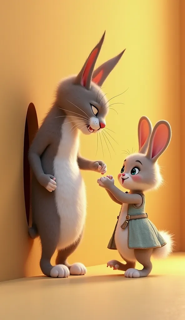 Mini lowers her fluffy tail into the hole, stretching as much as possible. The rabbit stands on its hind legs, trying to reach but just missing. The cat’s face shows determination, while the rabbit looks eager but still trapped. 3d Cartoon style.  Cat also...